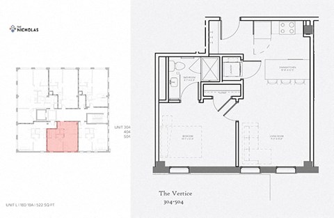 Floor plan for 1 bed, 1 bath, 522 sqft